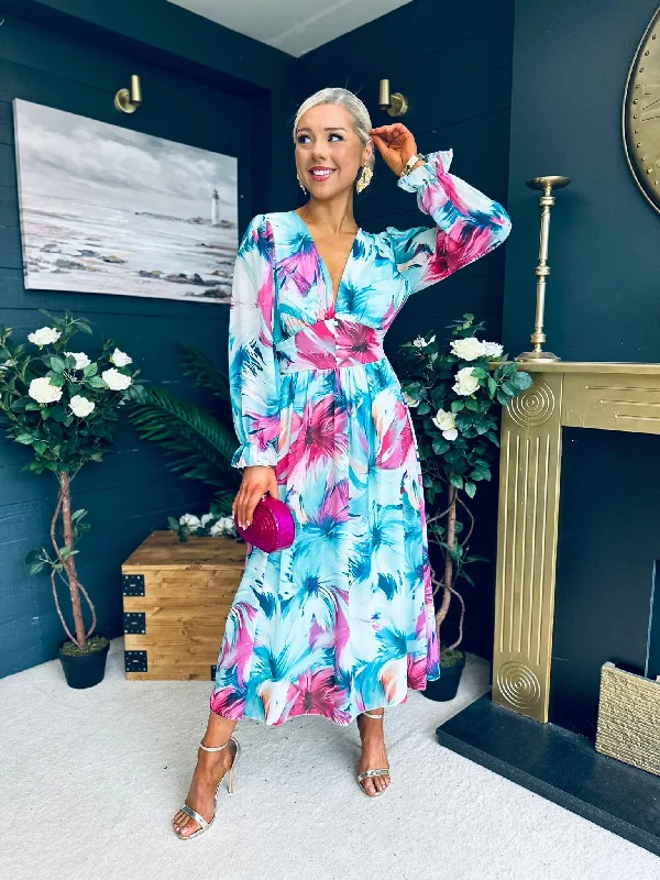 Midi dresses with ruffled bodices for a more pronounced feminine look Brianna Banded Midi Dress Fuchsia Floral Midi dresses with ruffled bodices for a more pronounced feminine look Brianna Banded Midi Dress Fuchsia Floral