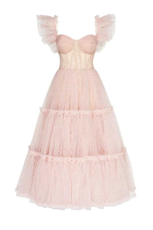 Midi dresses with side slits for a sexy and elegant appearance Misty Rose Ruffled Tulle Midi Dress Midi dresses with side slits for a sexy and elegant appearance Misty Rose Ruffled Tulle Midi Dress