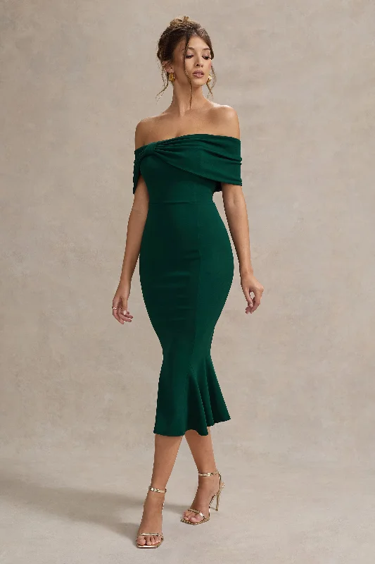 Midi dresses with pleated bodices for a classic and tailored look Lydia | Bottle Green Bardot Bow Detail Midi Dress Midi dresses with pleated bodices for a classic and tailored look Lydia | Bottle Green Bardot Bow Detail Midi Dress
