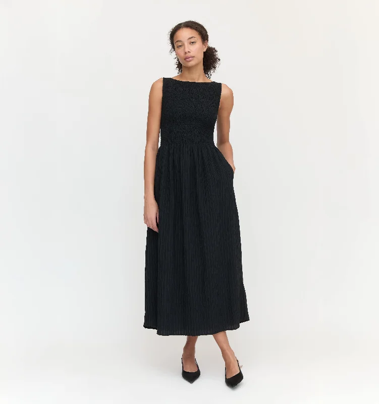 Polyester mini dresses for easy care The Cosima Nap Dress - Black Tonal Seersucker