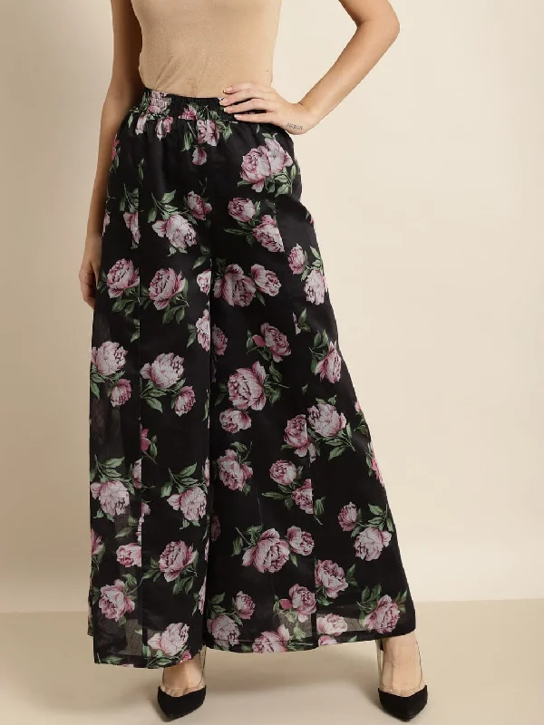 Ankle - Length Women's Printed Joggers for TravelingBlack & Pink Floral Kali Palazzo Pants Ankle - Length Women's Printed Joggers for TravelingBlack & Pink Floral Kali Palazzo Pants
