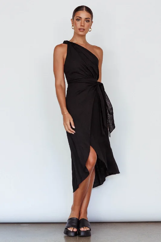 Strapless Women Dress with a Built - in Bra for Comfort and SupportIsland Time One-Shoulder Midi Dress Black Strapless Women Dress with a Built - in Bra for Comfort and SupportIsland Time One-Shoulder Midi Dress Black