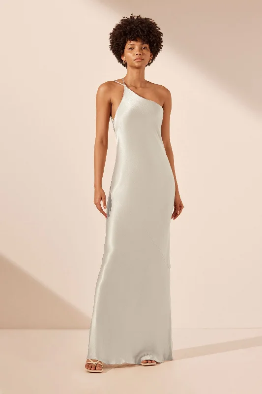Little Black Women Dress with Sequins for a Glamorous Night OutLA LUNE ONE SHOULDER COWL BACK MAXI DRESS - SILVER Little Black Women Dress with Sequins for a Glamorous Night OutLA LUNE ONE SHOULDER COWL BACK MAXI DRESS - SILVER