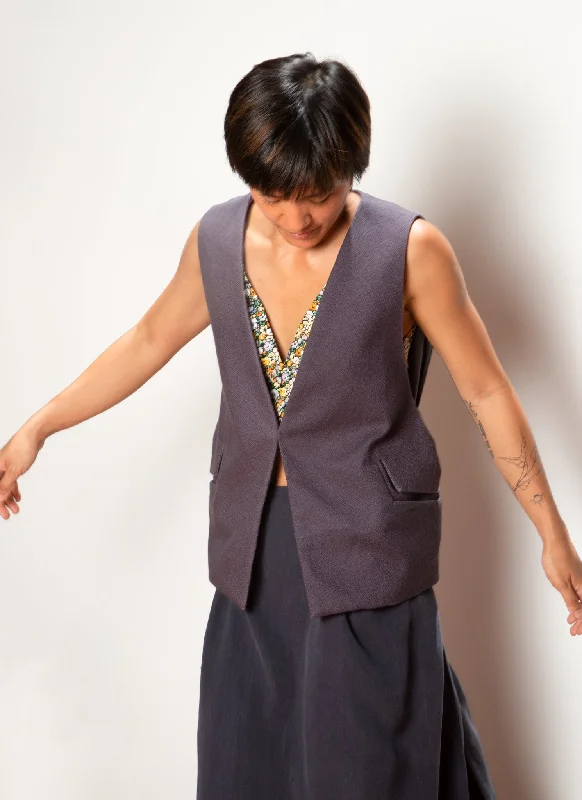 Women's cropped leather jackets with a fringe detail for a western - inspired outfitPiece of Vein One-Button Vest w/ Tie in Charcoal Grey Women's cropped leather jackets with a fringe detail for a western - inspired outfitPiece of Vein One-Button Vest w/ Tie in Charcoal Grey