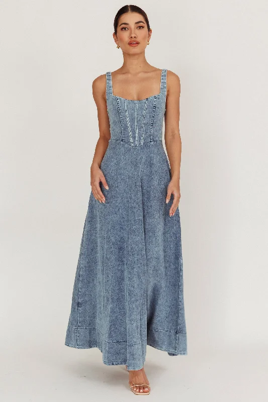 Ruffled Women Dress with Multiple Layers for a Playful and Girly StyleTalissa A-Line Maxi Denim Dress Blue Ruffled Women Dress with Multiple Layers for a Playful and Girly StyleTalissa A-Line Maxi Denim Dress Blue