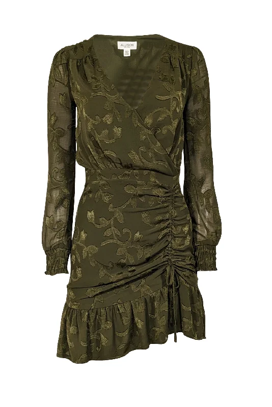 Ball Gown Women Dress with a Full Skirt for a Princess - like Look Ball Gown Women Dress with a Full Skirt for a Princess - like Look Allison - Green Textured Wrap Bodice Drawstring Detail Dress Sz XS