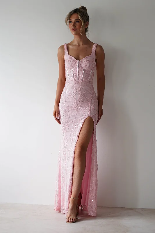 Satin maxi dresses with a high - low hem for a modern twistAria Floral Sequin Embellished Gown | Pink Satin maxi dresses with a high - low hem for a modern twistAria Floral Sequin Embellished Gown | Pink