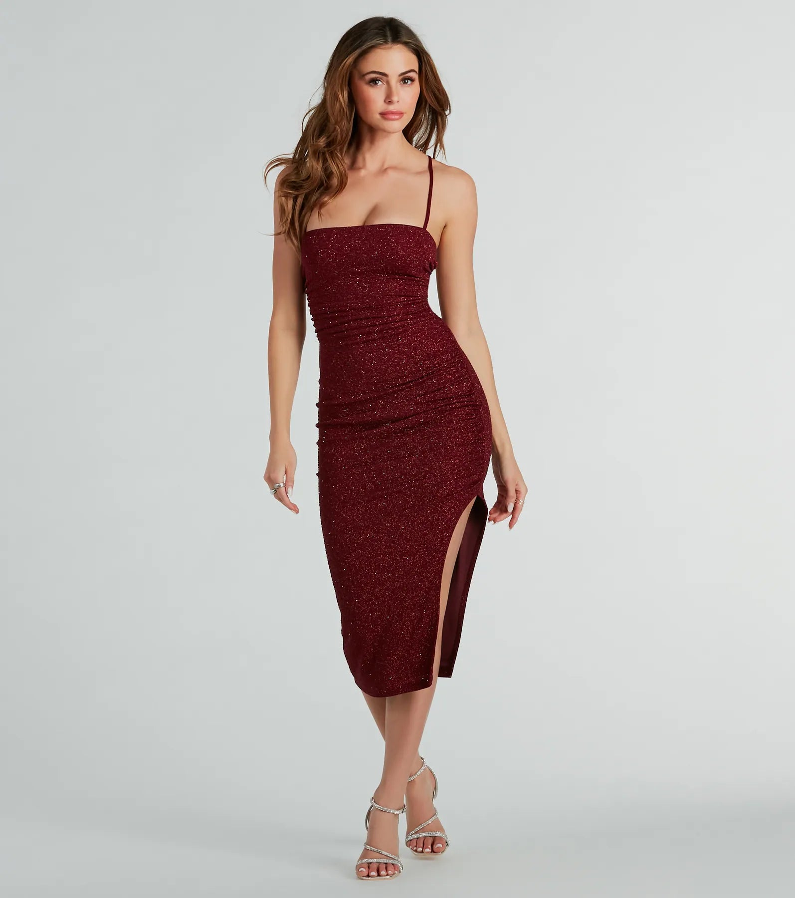 Midi dresses with ribbed textures for a unique and tactile appearanceAdley Formal Glitter Lace-Up Midi Dress Midi dresses with ribbed textures for a unique and tactile appearanceAdley Formal Glitter Lace-Up Midi Dress
