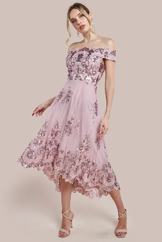 Midi dresses with satin - finish fabrics for a luxurious feelGoddiva Bardot Sequin & Lace High Low Midi - Blush Midi dresses with satin - finish fabrics for a luxurious feelGoddiva Bardot Sequin & Lace High Low Midi - Blush