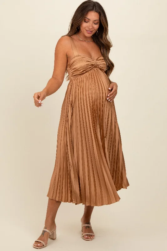 Midi dresses with empire waists for a flattering maternity optionGold Satin Pleated Sweetheart Maternity Midi Dress Midi dresses with empire waists for a flattering maternity optionGold Satin Pleated Sweetheart Maternity Midi Dress