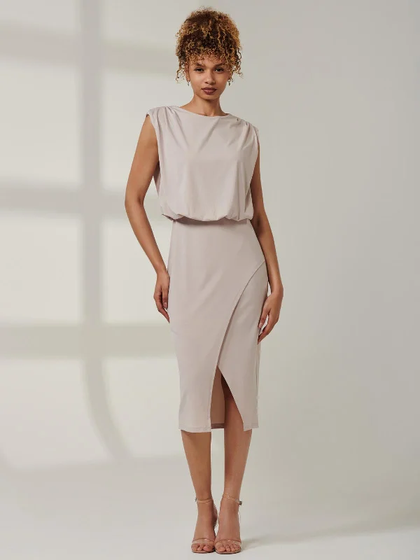 Midi dresses with patchwork patterns for a one - of - a - kind styleKira Tiered Draped Bodycon Dress, Taupe Midi dresses with patchwork patterns for a one - of - a - kind styleKira Tiered Draped Bodycon Dress, Taupe