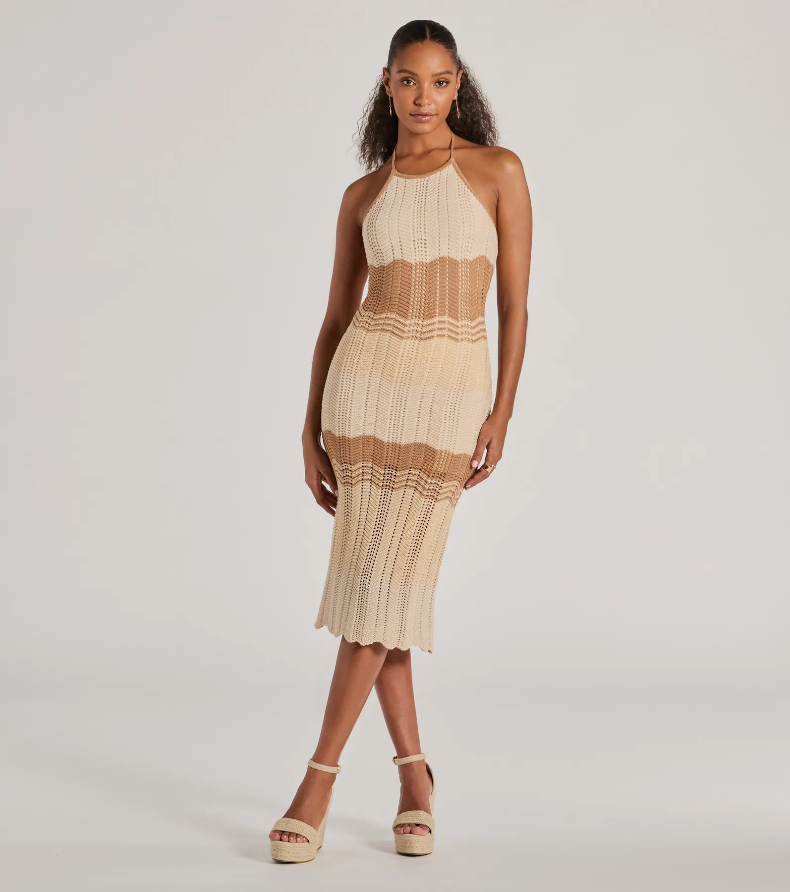 Midi dresses with ruffled hems for a romantic date nightStylish Striped Halter Crochet Midi Dress Midi dresses with ruffled hems for a romantic date nightStylish Striped Halter Crochet Midi Dress