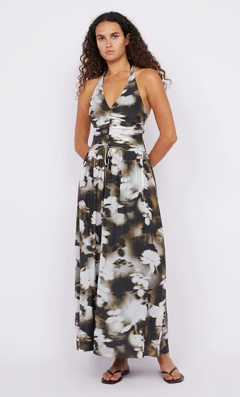 Maxi dresses with embroidered floral motifs for a unique designSOLENE HALTER DRESS - DARK BLURRED FLORAL Maxi dresses with embroidered floral motifs for a unique designSOLENE HALTER DRESS - DARK BLURRED FLORAL
