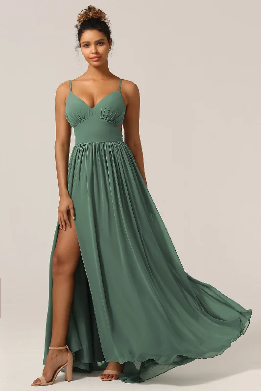 Long - sleeved wedding guest dresses in velvet for a winter weddingEucalyptus Spaghetti Straps A Line Bridesmaid Dress with Slit Long - sleeved wedding guest dresses in velvet for a winter weddingEucalyptus Spaghetti Straps A Line Bridesmaid Dress with Slit