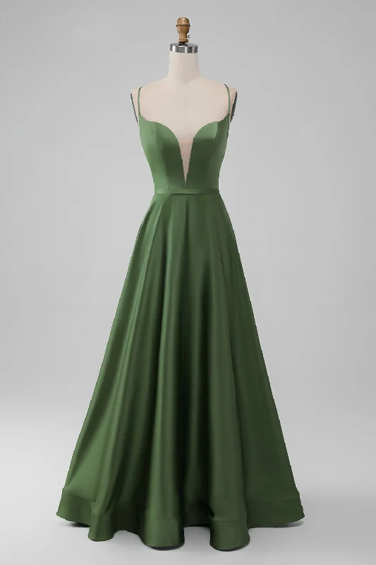 Strapless wedding guest dresses with rhinestone - studded bodicesGreen Satin V Neck A-line Long Bridesmaid Dress Strapless wedding guest dresses with rhinestone - studded bodicesGreen Satin V Neck A-line Long Bridesmaid Dress