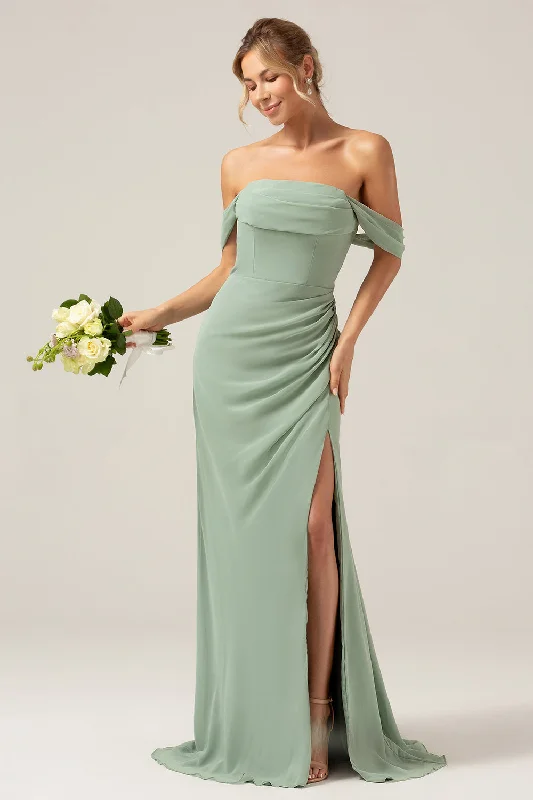 Animal - print wedding guest dresses in subtle colors for a bold statementOff the Shoulder Sheath Chiffon Pleated Dusty Sage Bridesmaid Dress Animal - print wedding guest dresses in subtle colors for a bold statementOff the Shoulder Sheath Chiffon Pleated Dusty Sage Bridesmaid Dress