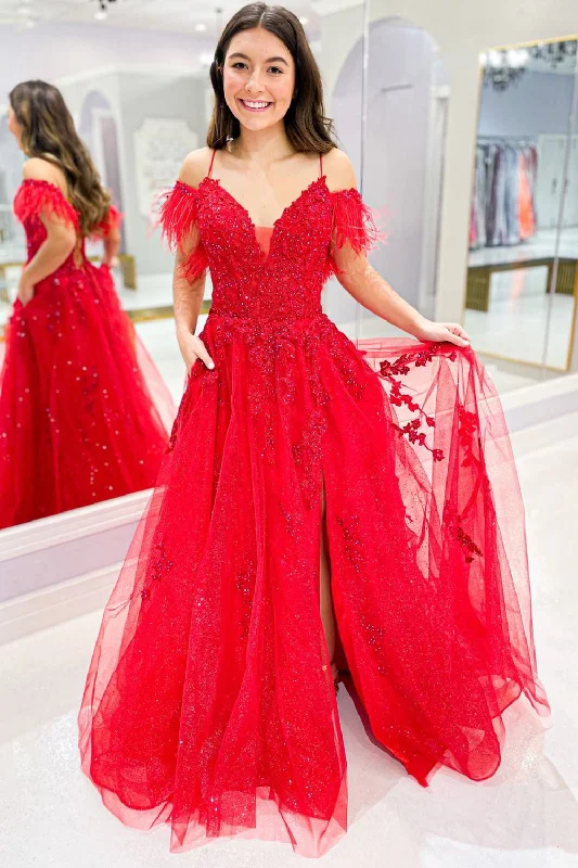 Prom party dresses with a glamorous and elegant aestheticCold Shoulder Red Long Prom Dress with Feathers Prom party dresses with a glamorous and elegant aestheticCold Shoulder Red Long Prom Dress with Feathers