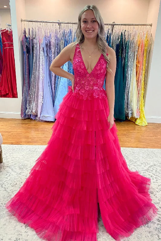 Party dresses with a one - shoulder design for a modern and unique lookV-Neck Tiered Hot Pink Long Prom Dress with Slit Party dresses with a one - shoulder design for a modern and unique lookV-Neck Tiered Hot Pink Long Prom Dress with Slit